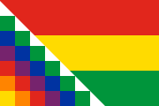 2006 rumoured flag of Bolivia: red-yellow-green stripes overlapped with a wiphala