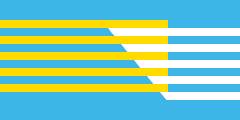 1998 Bosnian flag proposal: blue with 10 interlaced partial white-yellow stripes making a triangle