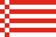 8 red-white stripes, a counterchanged column towards the left
