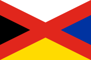 red saltire, white-blue-yellow-black triangles around