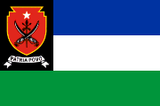 1998 East Timor flag proposal: blue-white-green tricolour with a black canton containing an emblem