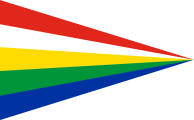 red-white-yellow-green-blue striped triangular pennant