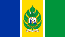 blue-yellow-green, white outlines, green breadfruit emblem