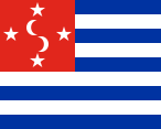 9 blue-white stripes, red canton, four white stars and two white crescents