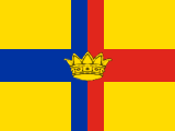 yellow, vertically divided blue-red cross, yellow crown