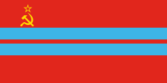 red, yellow hammer and sickle, two blue stripes